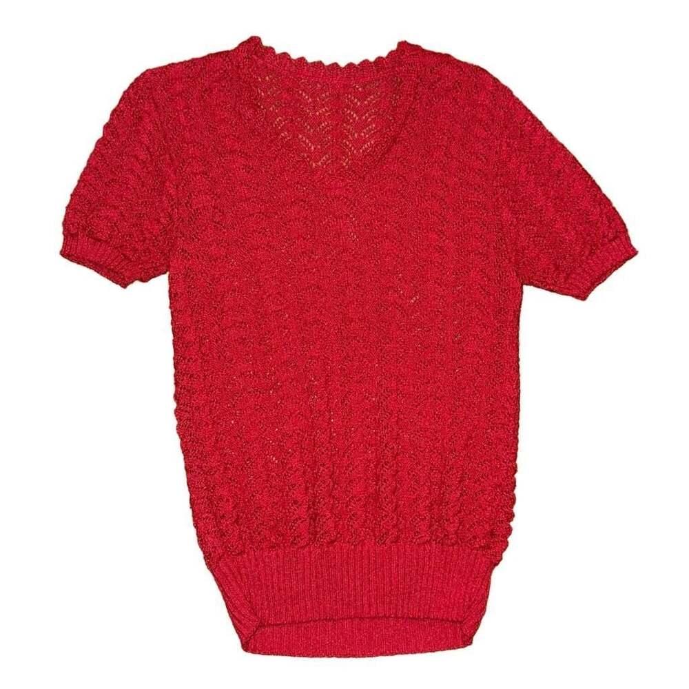 Vintage Red Open Knit Short Sleeve Sweater Top Small Petite Crochet Style